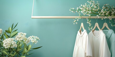 Clean laundry hanging on rack with blank space for custom message . Concept Laundry Room Decor,...