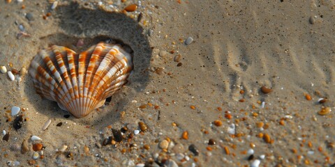 heart shaped sea shell in the sand on the beach. 