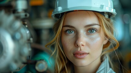 Engineer in Thought: Young Female with Hard Hat in an Engineering Environment