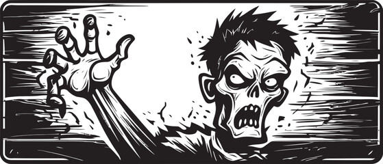 Cadaverous Commands Emblem with Zombie Hand and Signboard Sinister Signals Vector Logo of Zombie Hand Holding Signboard
