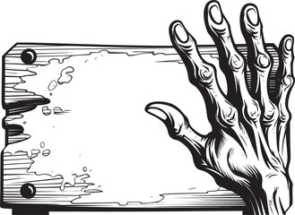 Undead Directive Iconic Emblem of Zombie Hand Holding Signboard Ghastly Guidepost Logo Design Featuring Zombie Hand and Signboard