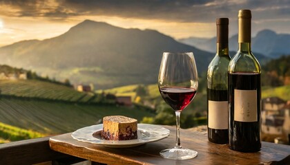 Wine bottles with glass of red wine on a vineyard