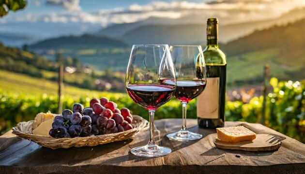 Wine bottles with glass of red wine on a vineyard