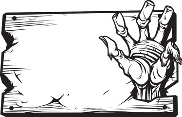 Apparitional Advertisements Vector Emblem of Zombie Hand Holding Signboard Forsaken Foray Emblematic Design Featuring Zombie Hand and Signboard