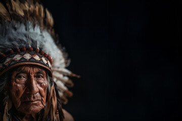 vieux chef indien, natif des Amériques en tenue cérémonielle avec sa coiffe à plumes et perles  sur fond noir avec espace négatif copyspace. - obrazy, fototapety, plakaty