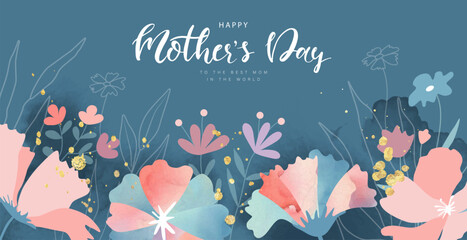 Happy Mother's Day,to the best mom in the world. Beautiful floral banner with watercolor texture. Poster, invitation, postcard. Vector illustration - obrazy, fototapety, plakaty
