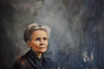portrait peinture à l'huile de la scientifique française Marie Curie, Prix Nobel, pour ses travaux sur la radioactivité. Symbole de la réussite féminine et des féministes Fond gris copyspace