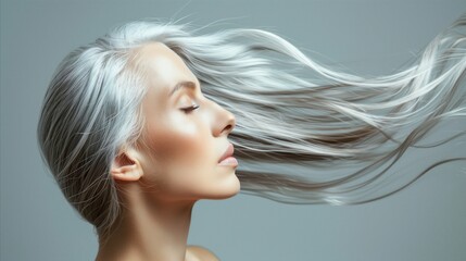 Middle-aged woman with stunning flowing gray hair © DesignVectX
