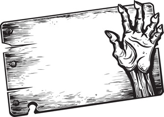 Decomposing Directive Zombie Hand Signboard Logo Design Eerie Advertisement Vector Logo with Zombie Hand Holding Signboard