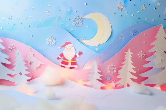 Christmas papercut style Santa Claus with snow and tree