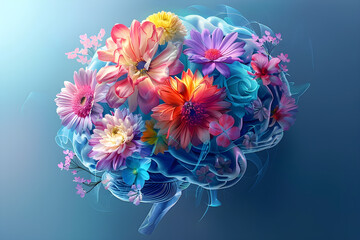 Beautiful abstract brain with flowers concept, contemporary colors and mood social background. - obrazy, fototapety, plakaty