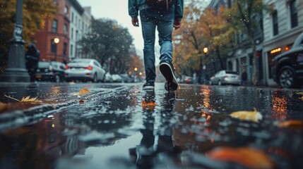 Person Standing on Wet Sidewalk in Rain