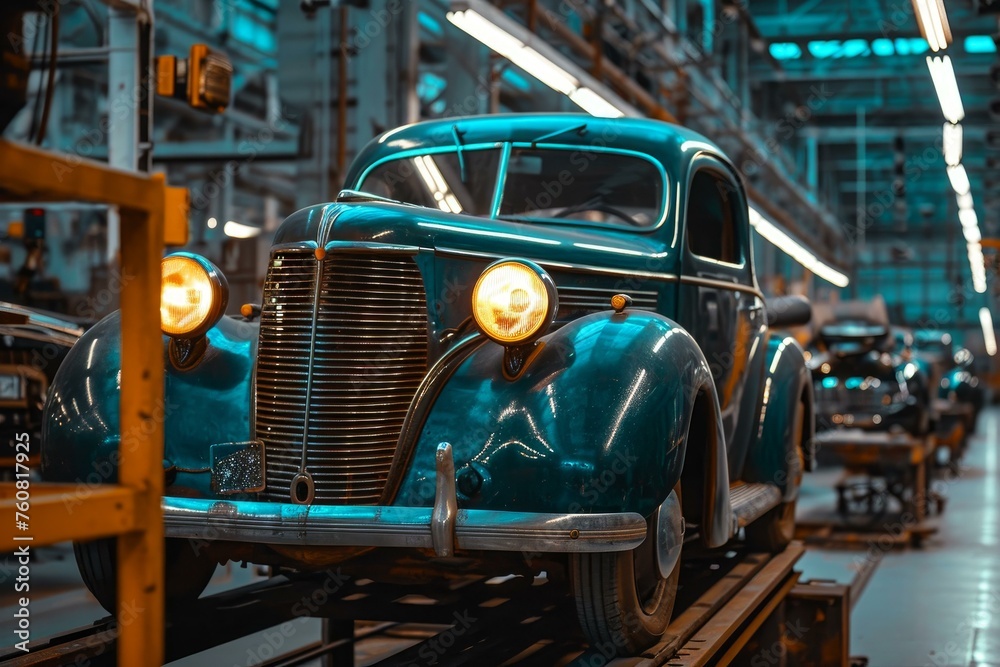 Poster efficient assembly line car. robot factory. generate ai
