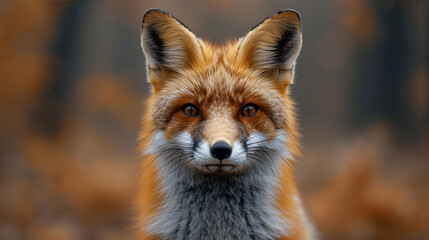 Obraz premium Red Fox - Vulpes vulpes, sitting up at attention, direct eye contact, a little snow in its face, tree bokeh in background