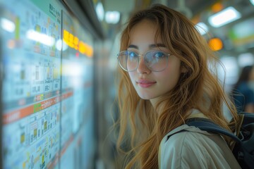 A beaming woman in stylish glasses gazes at a sign, her face radiating with joy and confidence, as she stands indoors dressed in fashionable clothing