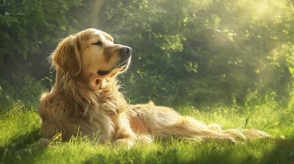 A majestic golden retriever basking under the sunlight in a lush green meadow, its fur glistening with dewdrops. - obrazy, fototapety, plakaty