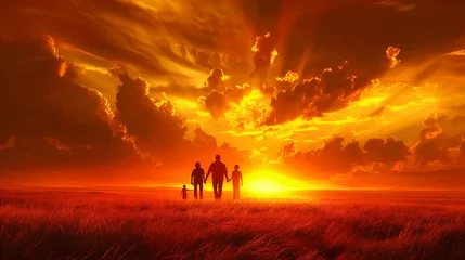 Papier Peint photo Lavable Orange Family walking together in sunset serene landscape