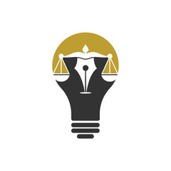 Pen Law with bulb shape Vector Logo Design Template. Law logo vector with judicial balance.