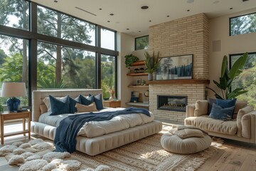 Cozy bedroom with king bed, couch, fireplace, and large windows