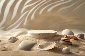 Fototapeta na wymiar A serene beach setup with a round podium surrounded by sand and shells, ideal for showcasing products.