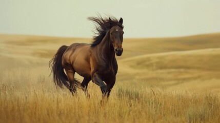 A majestic stallion galloping freely across an open field, its mane billowing in the wind as it revels in its untamed spirit.