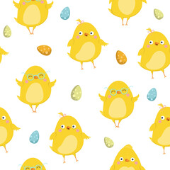 Cute cartoon chicken pattern. Funny yellow chickens, vector illustration. seamless pattern.