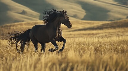 A majestic stallion galloping freely across an open field, its mane billowing in the wind as it revels in its untamed spirit. - obrazy, fototapety, plakaty