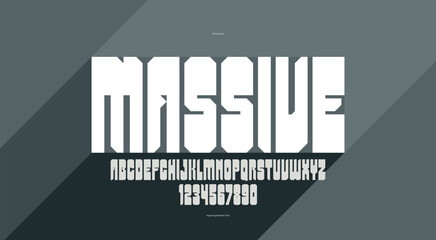 Geometric bold and strong vector font for logos and emblems, heavy letters alphabet for posters and advertising, display typeface with huge brutal and urban letters.