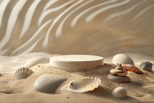 A serene beach setup with a round podium surrounded by sand and shells, ideal for showcasing products.