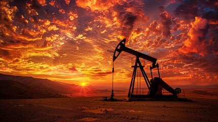 Oil pump jack silhouette against a vibrant sunset sky