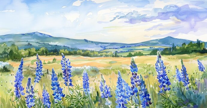 Watercolor landscape with a field of blue lupines under a serene sky.