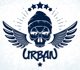 Skull in sunglasses and hat, urban theme vector logo or emblem, gangster or thug illustration, anarchy chaos hooligan, ghetto theme.