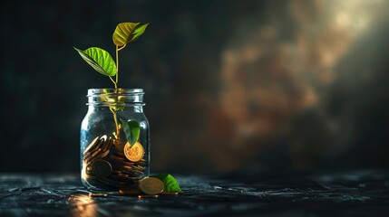 Investment concept, Coins in glass jar with green plant on dark background