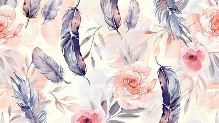 Watercolor seamless pattern with whimsical feathers and soft-toned flowers.