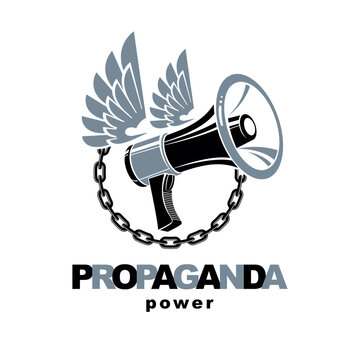 Vector winged logo composed with loudspeaker equipment surrounded by iron chain. Propaganda as the means of influence on public opinion