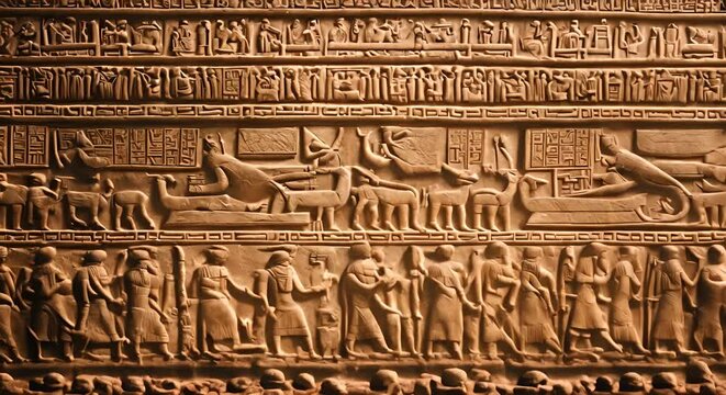 Egyptian hieroglyphs inscribed on the wall.