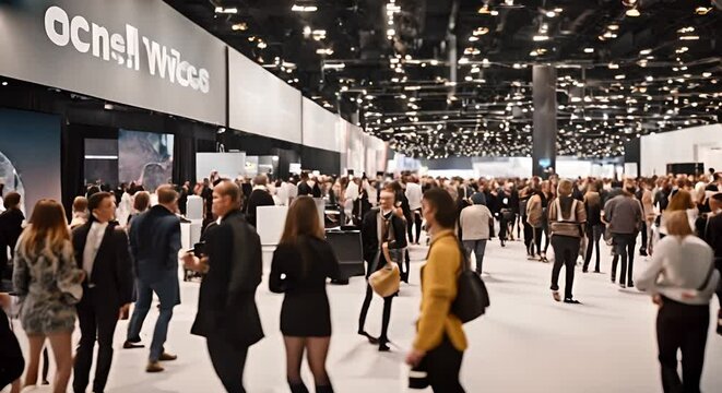People at a technology fair or conference.