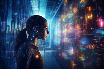 Cyborg woman immersed in cyberpunk cityscape