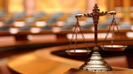 Classic scales of justice in a courtroom setting - obrazy, fototapety, plakaty