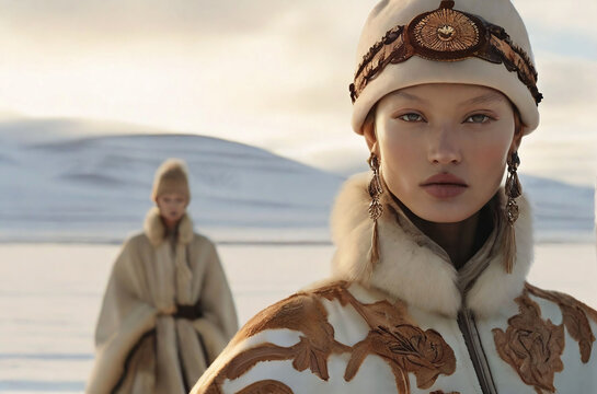 Portrait of a beautiful Mongolian woman in a winter coat on the background of a field and mountains