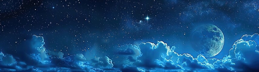 Fototapeta premium Ramadan background. Beautiful background of the Moon in the night sky. Super ultra wide best for wallpapers.