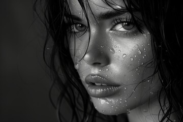 Monochrome portrait of a woman with water droplets