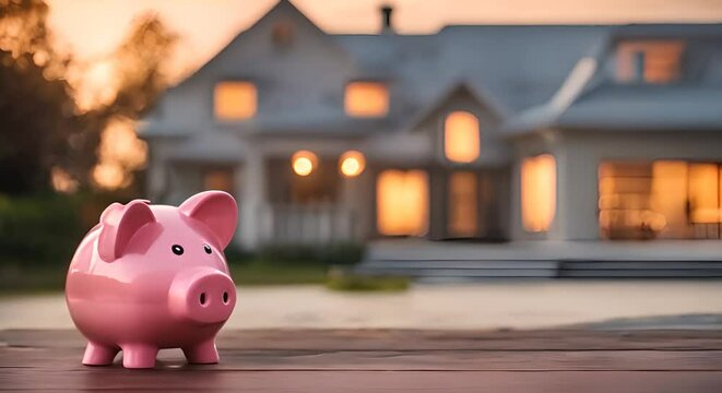 Piggy bank next to a house. Savings for a home. Mortgage.