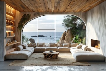 Oceanview living room with fireplace, large window, and coastal decor