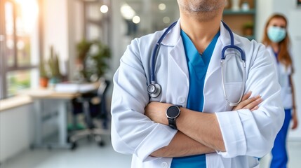 Confident doctor with stethoscope at medical facility - obrazy, fototapety, plakaty