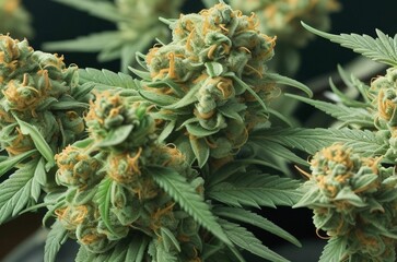 Naklejka na ściany i meble Cannabis leaf on black background. Close-up of marijuana bushes on a dark background. Harvested medical marijuana. Concept legal drugs