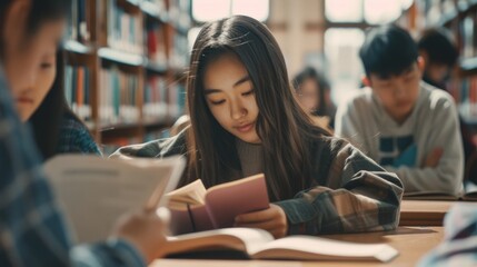 High school students studying in a library,  Rule of Thirds composition