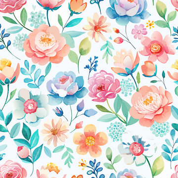 watercolor seamless pattern with pastel flowers with leaves on light background