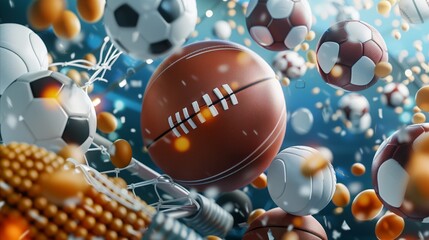 Dynamic sports balls in chaotic motion on vibrant background