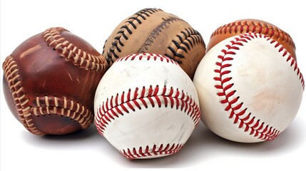 Various baseballs showcasing wear and tear on white - obrazy, fototapety, plakaty